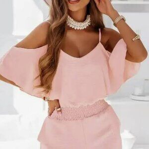 Olivia Mark Ruched Waist Off Shoulder Ruffle Hem Jumpsuit